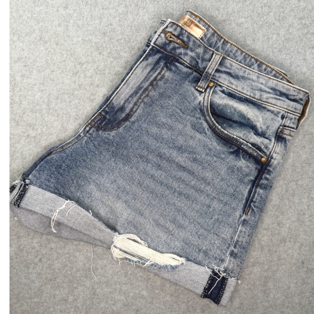Kut from the Kloth Jane High Rise Shorts Blue Denim Distressed Raw Hem Size 8